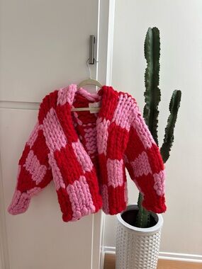 Hope Macaulay Chunky Checkerboard Knit Jacket in Red & Pink